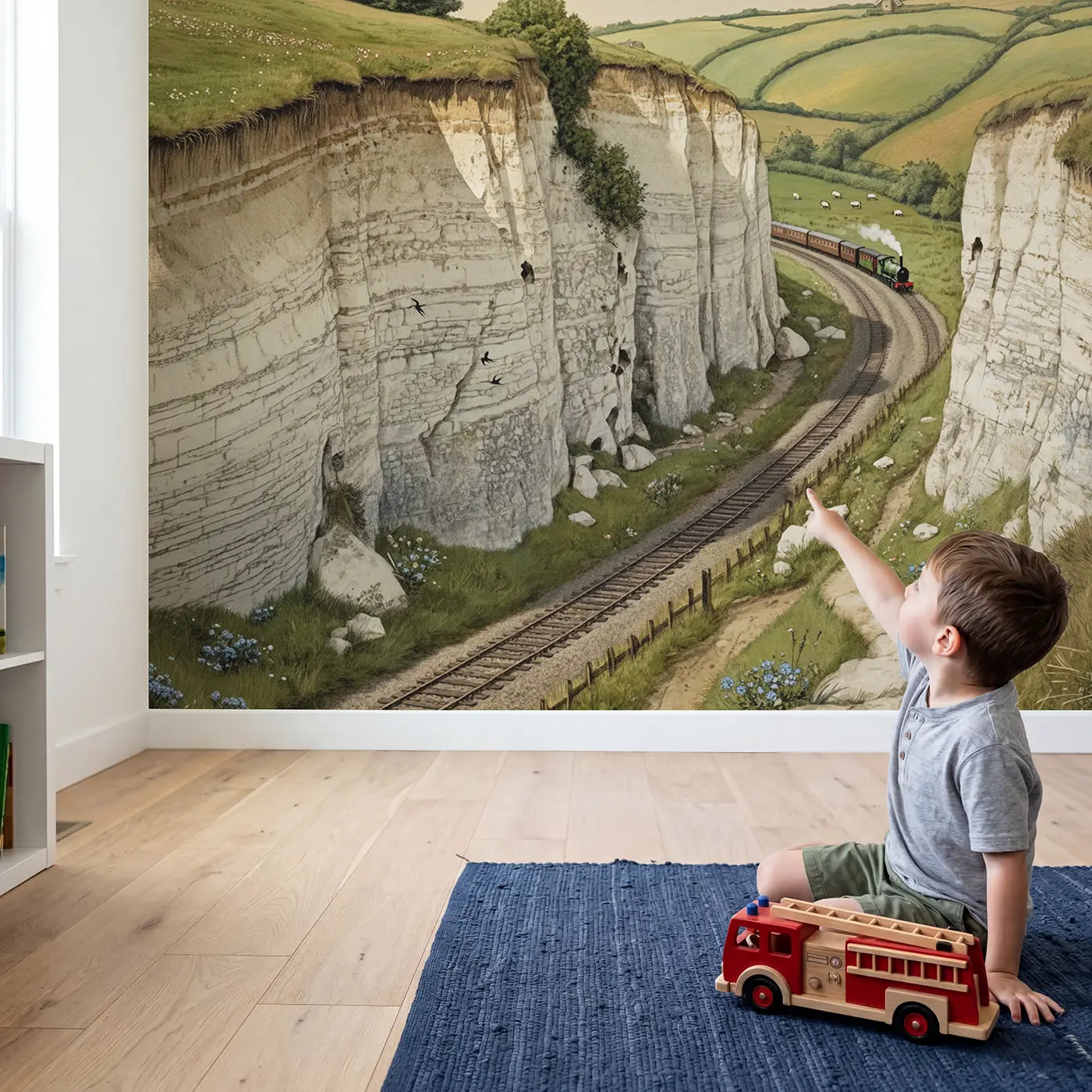Child in nursery with Chalk Downland Railway Cutting Wallpaper Mural by Whimsy Tots