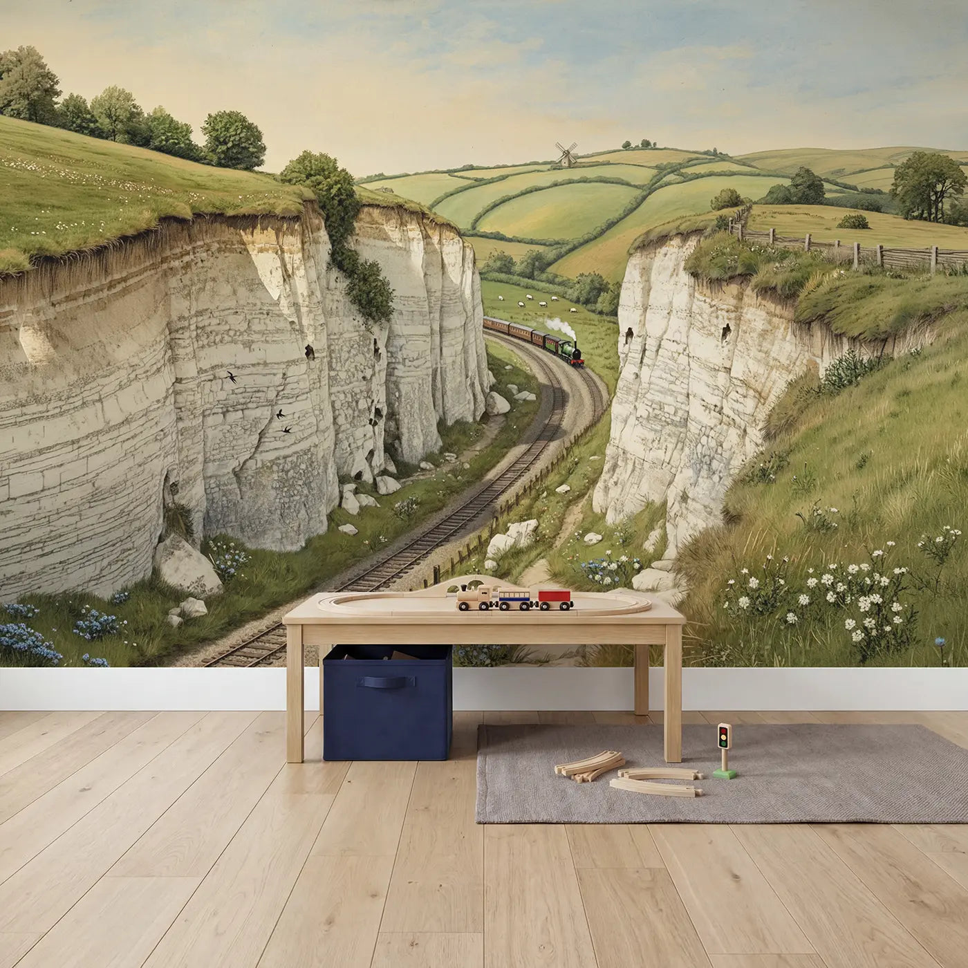Chalk Downland Railway Cutting Wallpaper Mural in playroom setting by Whimsy Tots