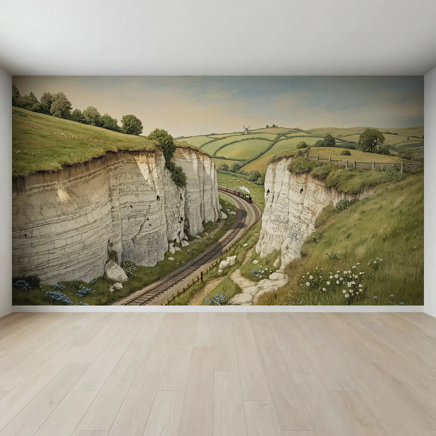 Full view of Chalk Downland Railway Cutting Wallpaper Mural by Whimsy Tots