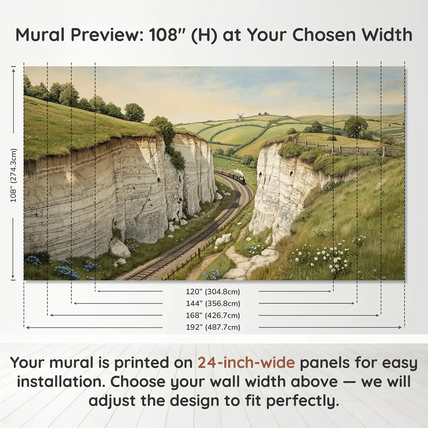 Panel layout and dimensions for Chalk Downland Railway Cutting Wallpaper Mural by Whimsy Tots