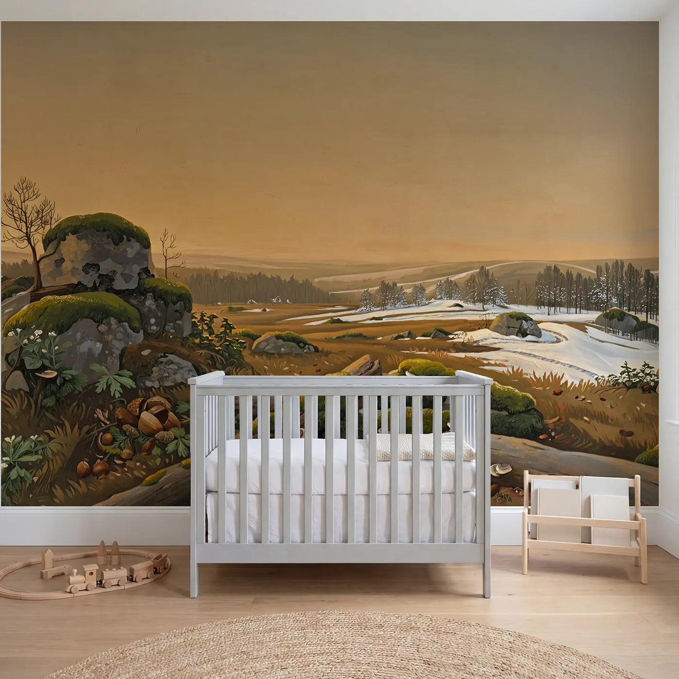 Modern illustration winter road forest wallpaper mural for boys room by Whimsy Tots