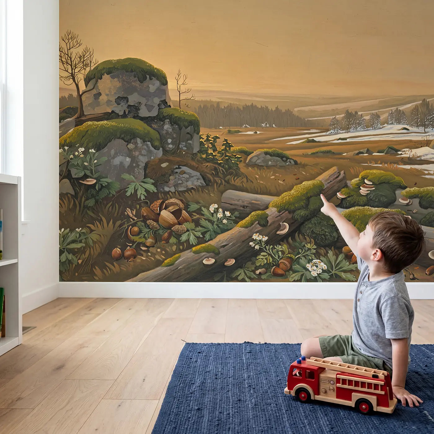 Child in nursery with Winter Road Snowy Forest Wallpaper Mural by Whimsy Tots