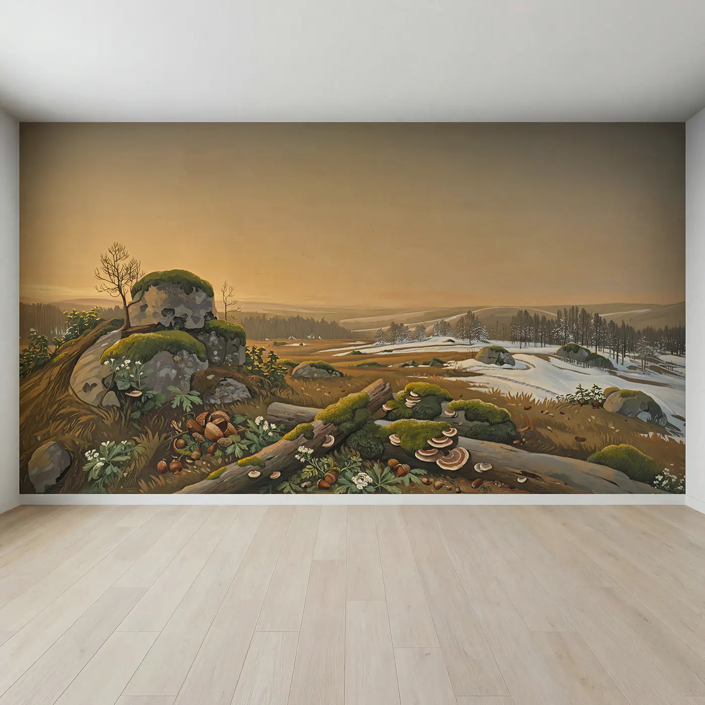 Full view of Winter Road Snowy Forest Wallpaper Mural by Whimsy Tots