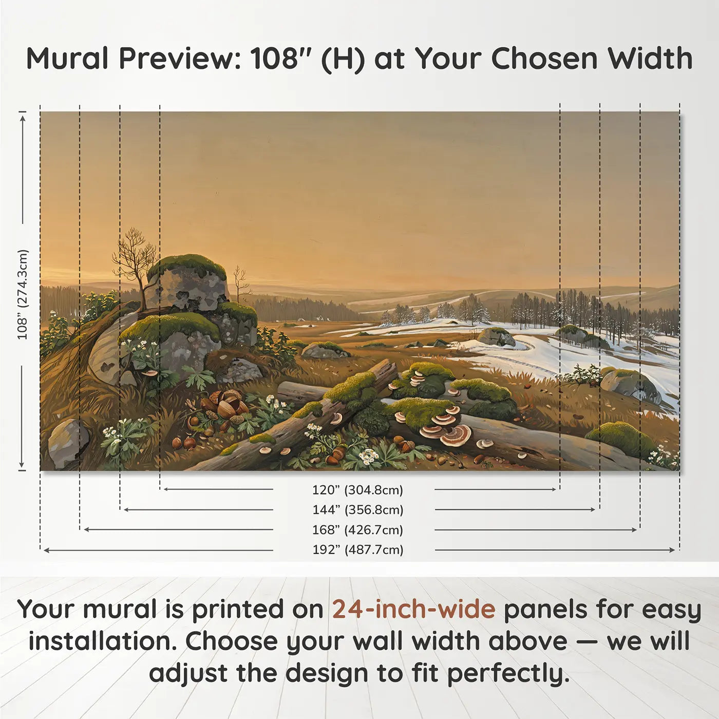 Panel layout and dimensions for Winter Road Snowy Forest Wallpaper Mural by Whimsy Tots