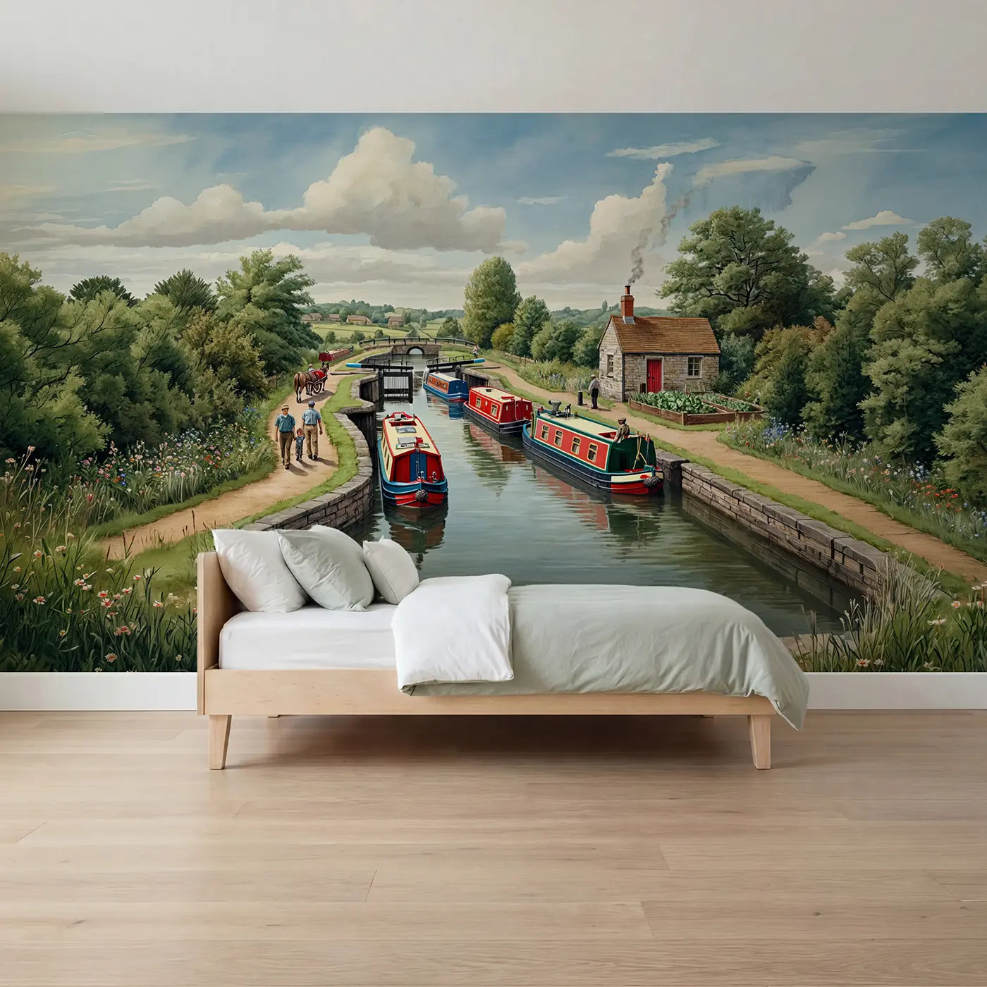 Storybook canal boats waterway wallpaper mural for boys room by Whimsy Tots