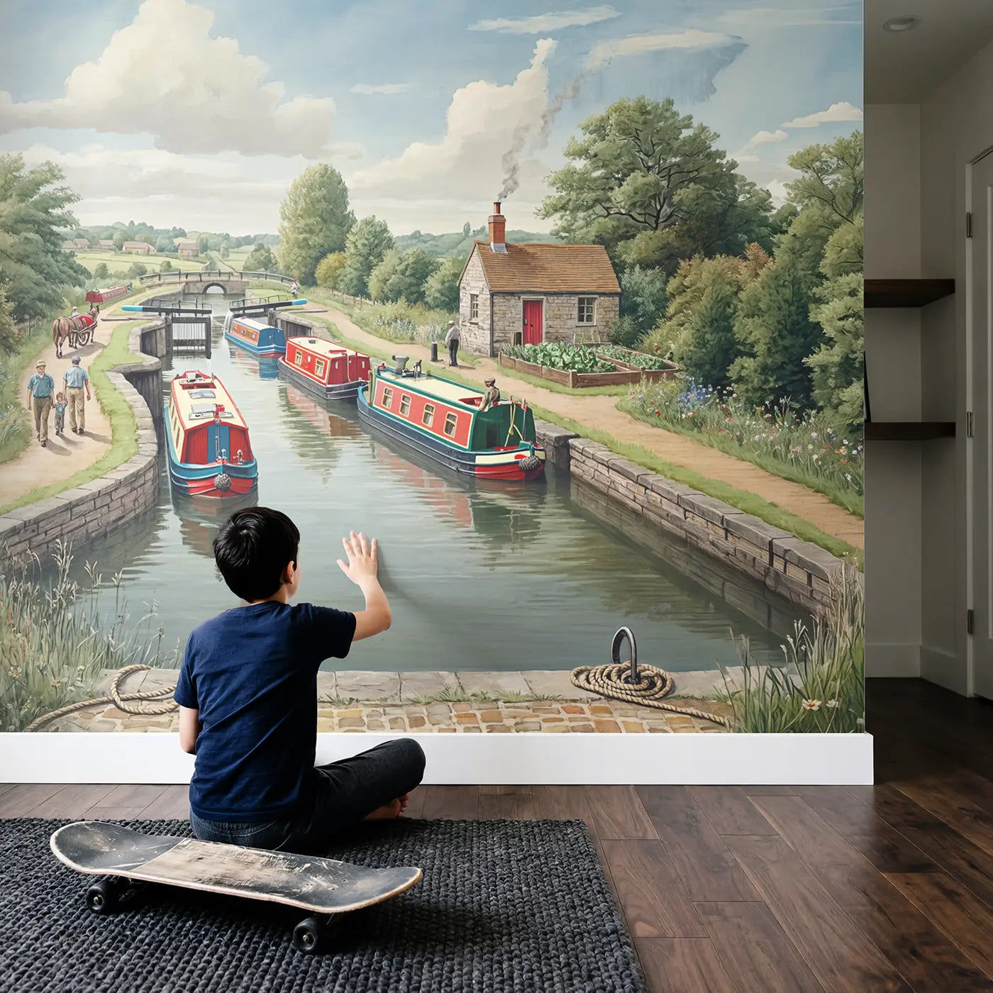 Child in nursery with Working Canal Boats Wallpaper Mural by Whimsy Tots