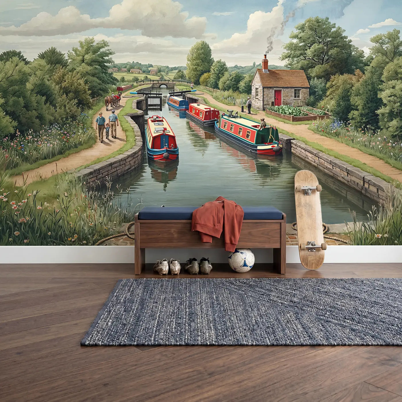 Working Canal Boats Wallpaper Mural in playroom setting by Whimsy Tots