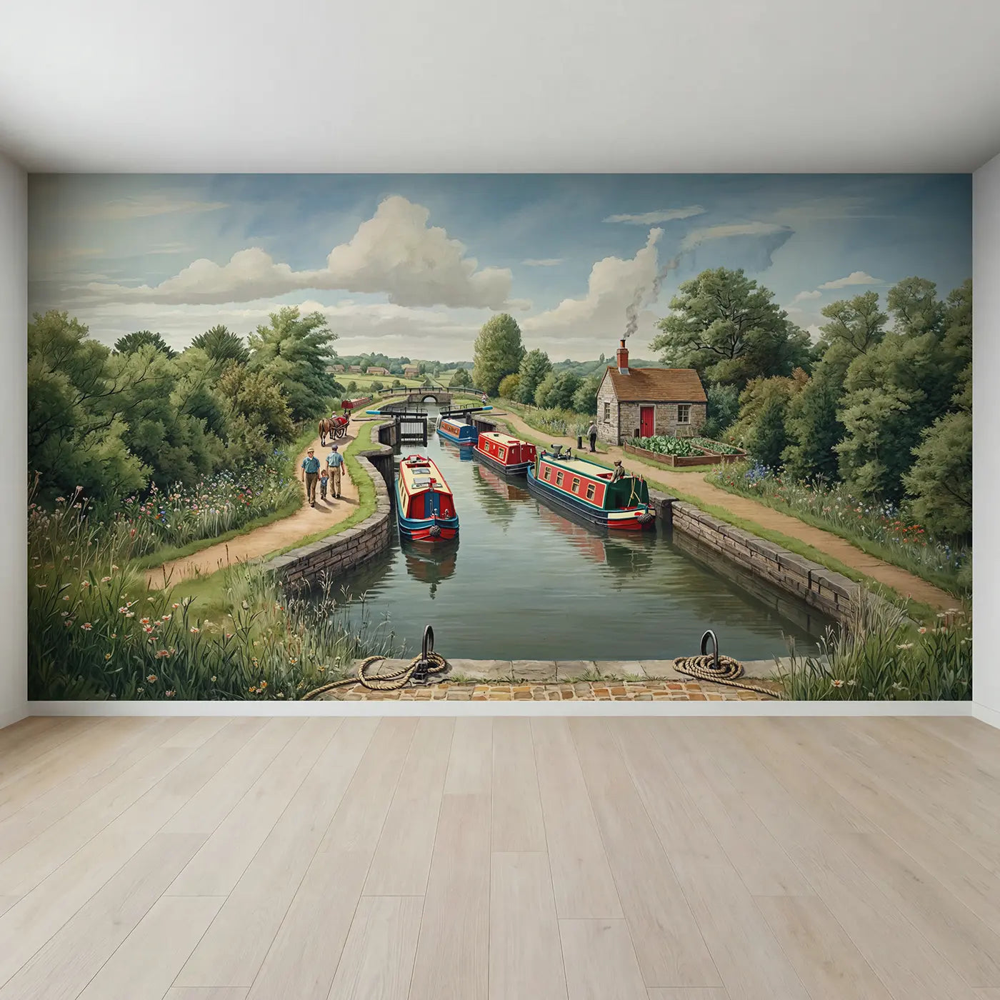 Full view of Working Canal Boats Wallpaper Mural by Whimsy Tots