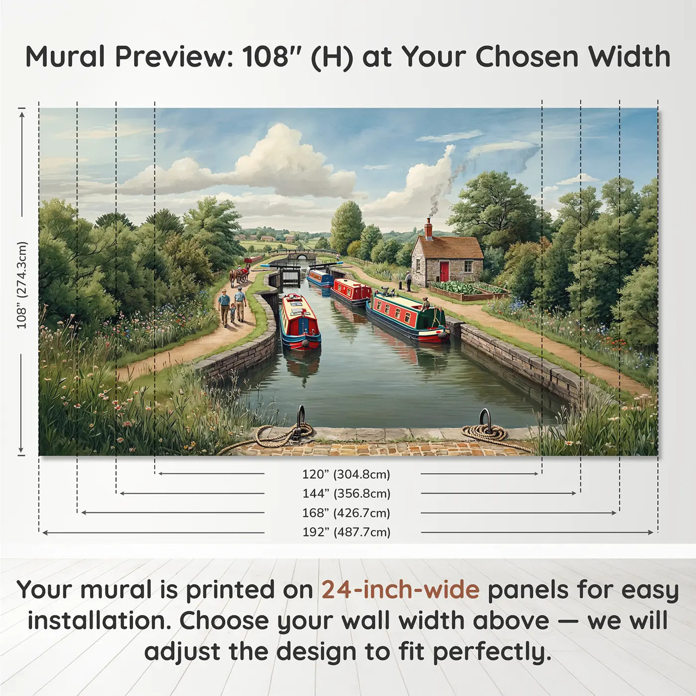 Panel layout and dimensions for Working Canal Boats Wallpaper Mural by Whimsy Tots