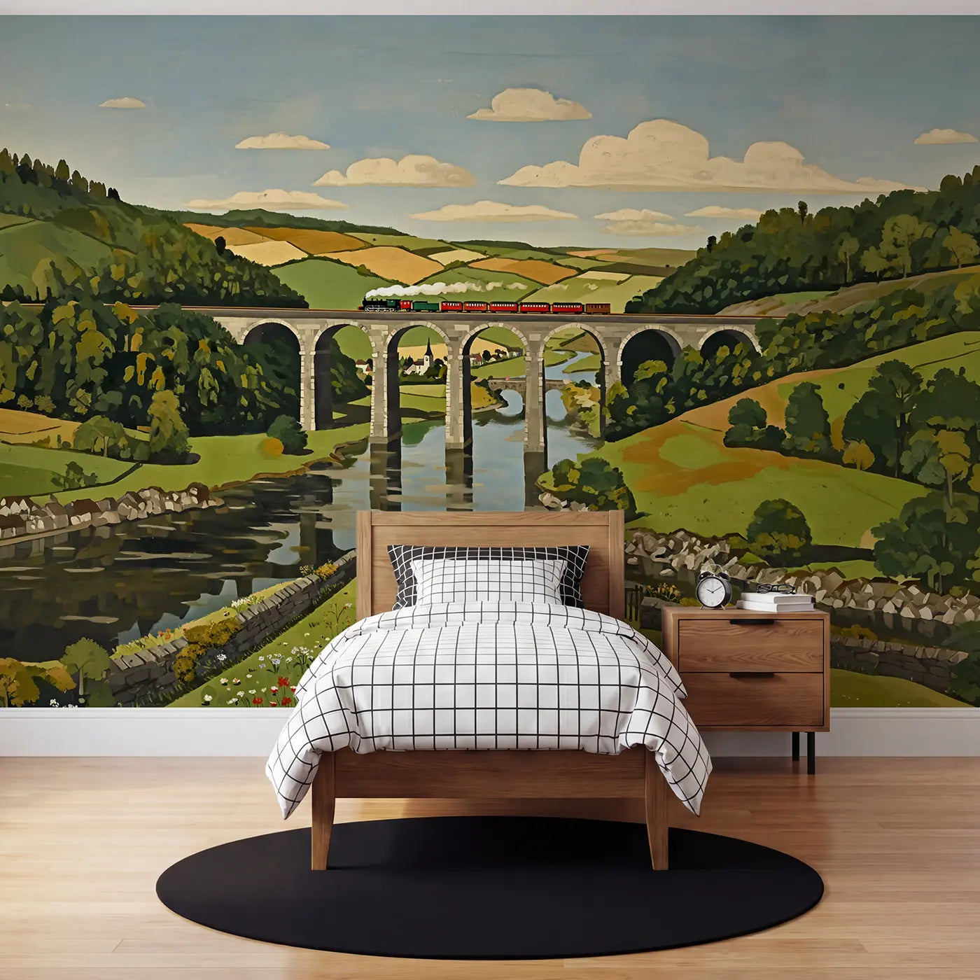 Gouache illustration steam train and track wallpaper mural for kids room by Whimsy Tots