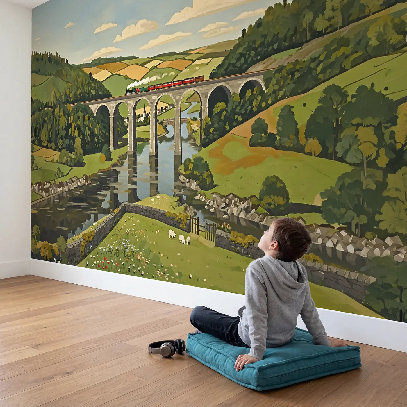 Child in nursery with Stone Viaduct Valley Train Wallpaper Mural by Whimsy Tots