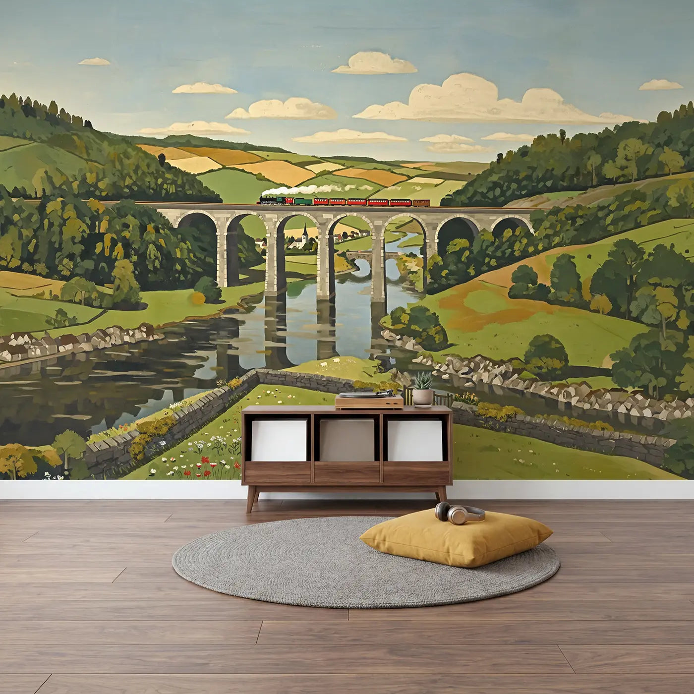 Stone Viaduct Valley Train Wallpaper Mural in playroom setting by Whimsy Tots