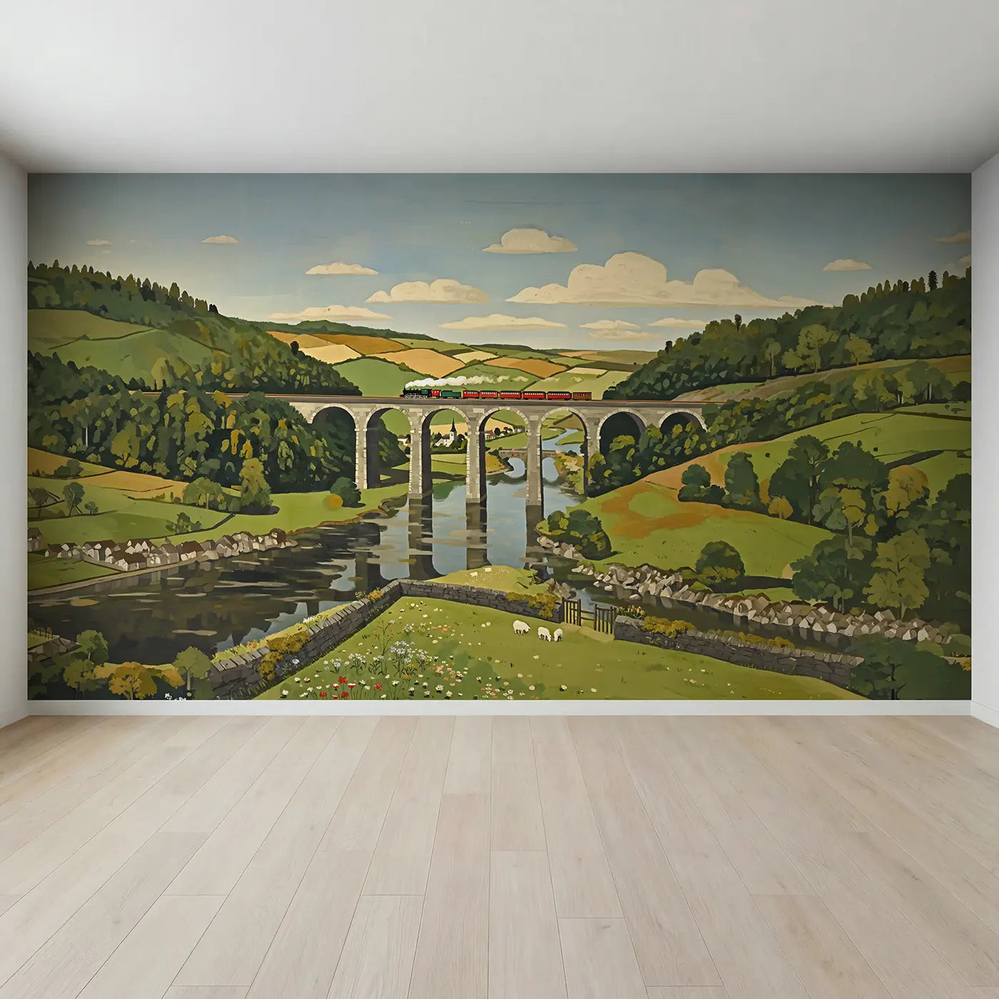 Full view of Stone Viaduct Valley Train Wallpaper Mural by Whimsy Tots