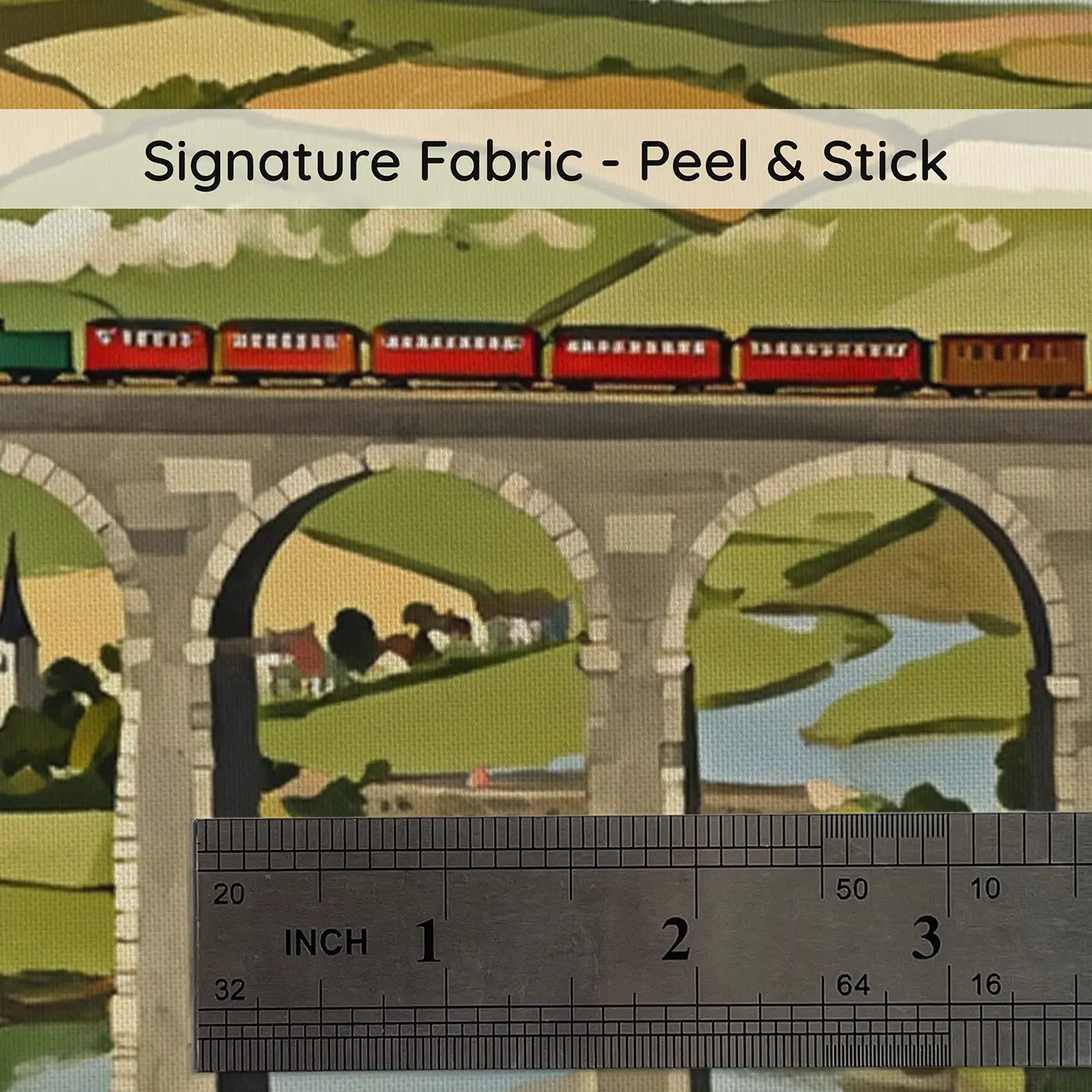 Fabric texture close-up of Stone Viaduct Valley Train Wallpaper Mural by Whimsy Tots