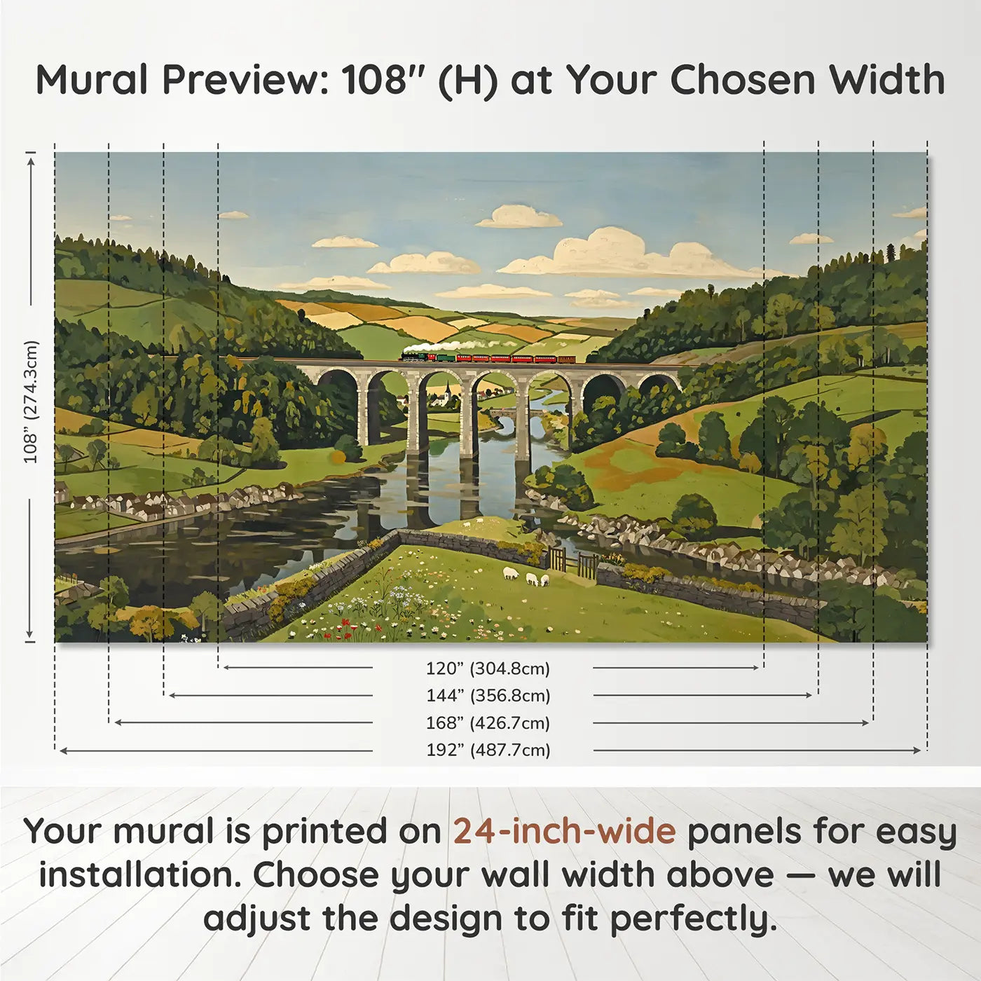Panel layout and dimensions for Stone Viaduct Valley Train Wallpaper Mural by Whimsy Tots