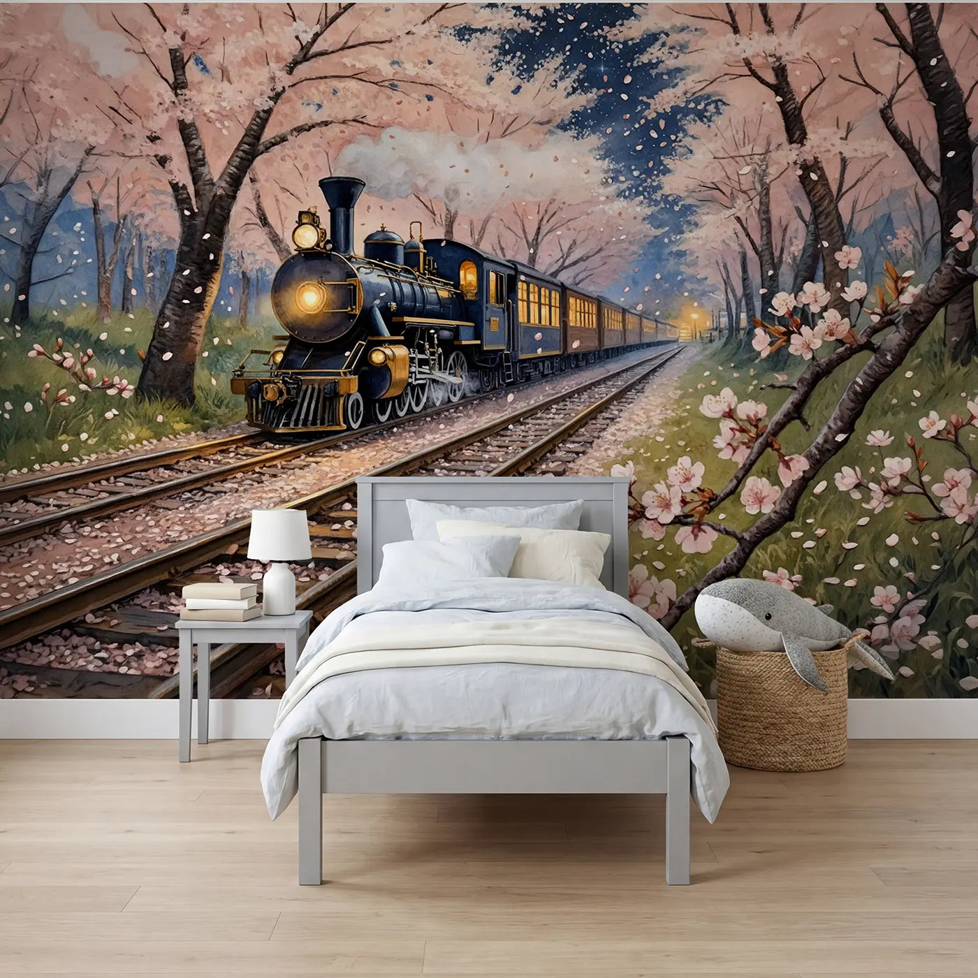 Storybook cherry blossom railway night wallpaper mural for boys room by Whimsy Tots