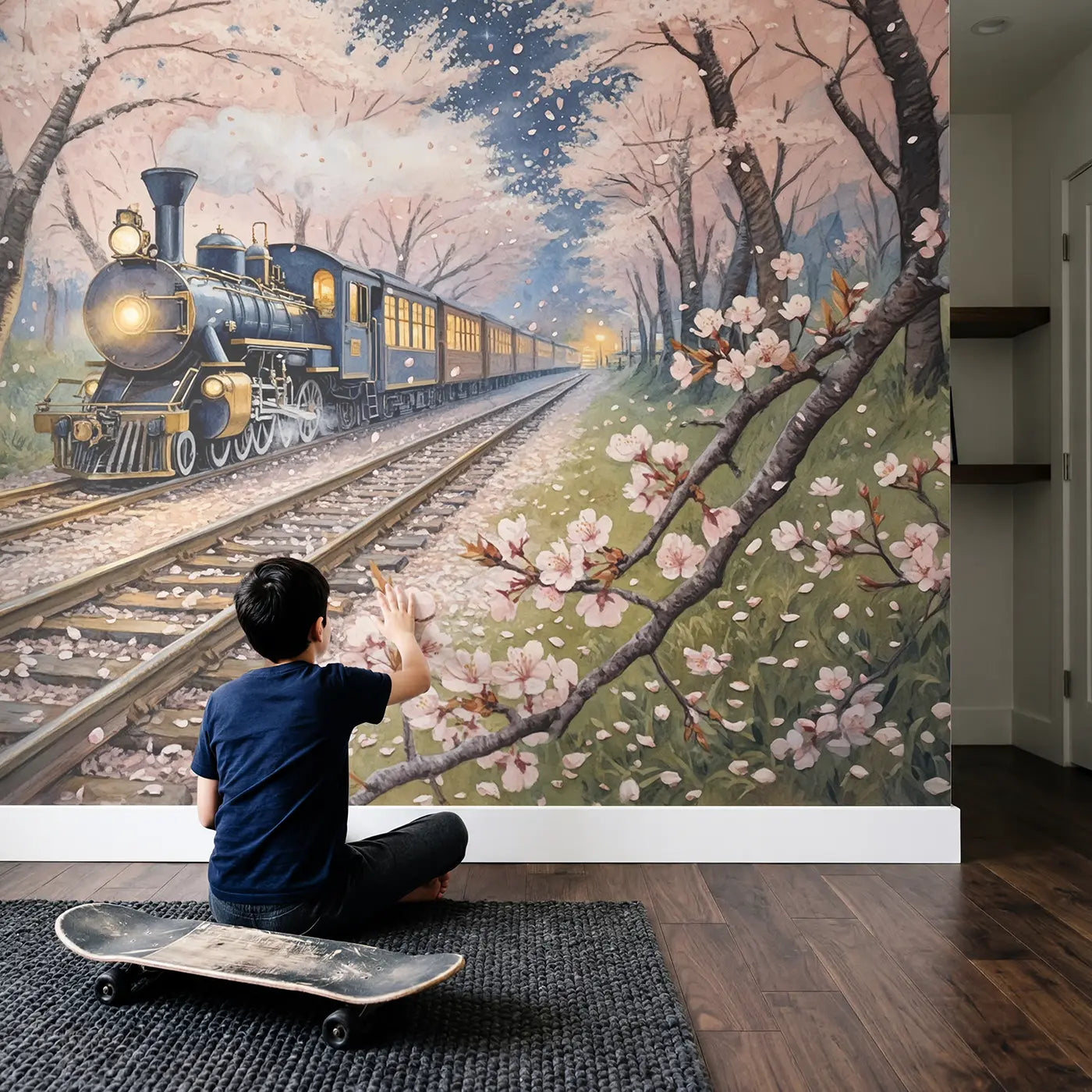 Child in nursery with Cherry Blossom Railway Night Wallpaper Mural by Whimsy Tots