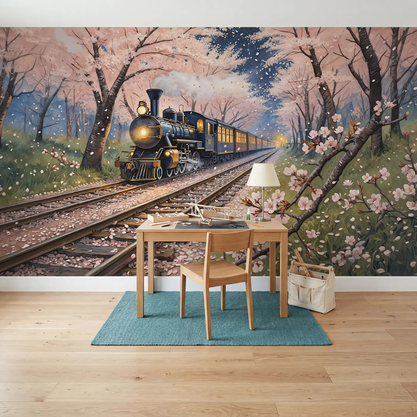 Cherry Blossom Railway Night Wallpaper Mural in playroom setting by Whimsy Tots