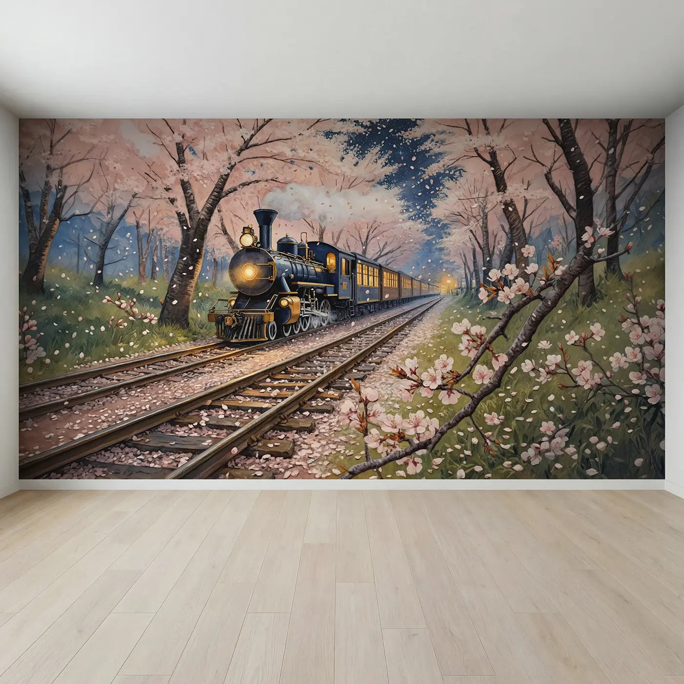 Full view of Cherry Blossom Railway Night Wallpaper Mural by Whimsy Tots