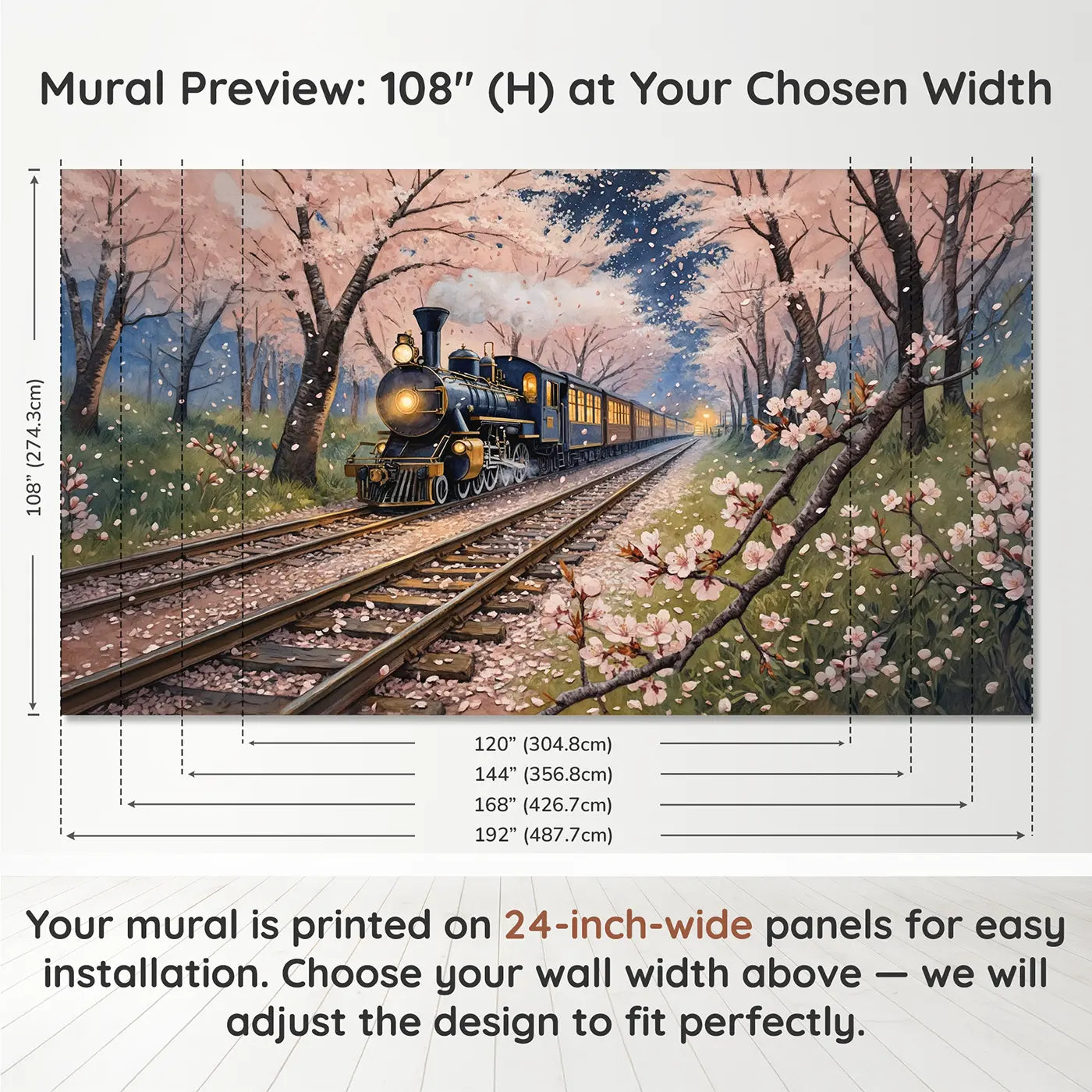 Panel layout and dimensions for Cherry Blossom Railway Night Wallpaper Mural by Whimsy Tots