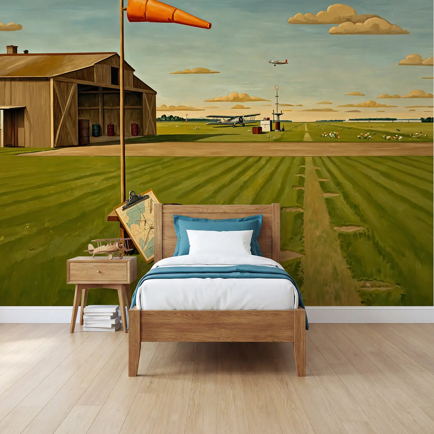 Modern illustration airplane vintage transport wallpaper mural for kids room by Whimsy Tots