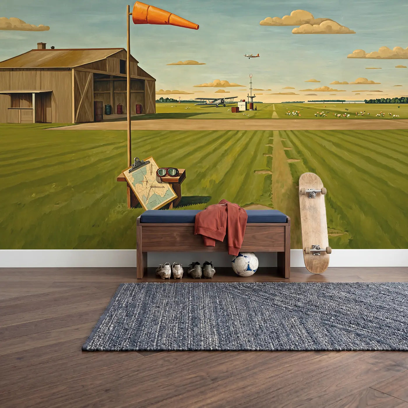 Vintage Airfield Panorama Wallpaper Mural in playroom setting by Whimsy Tots