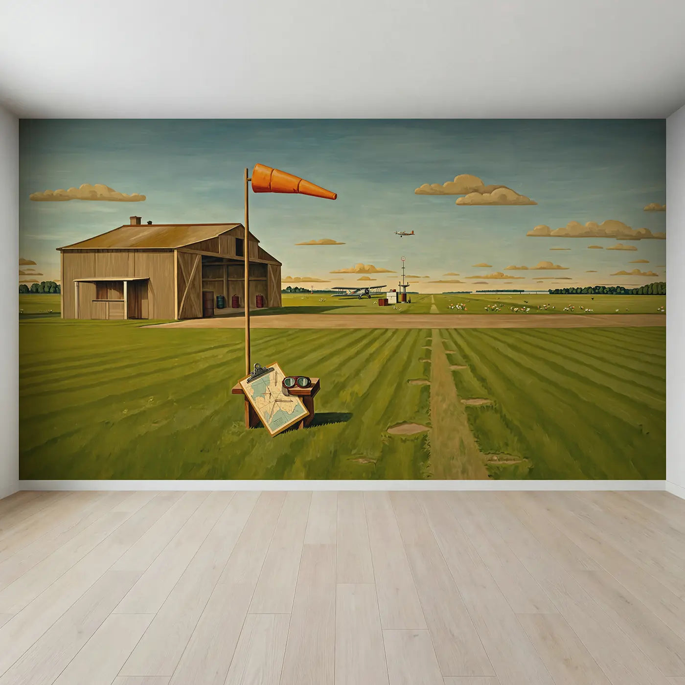 Full view of Vintage Airfield Panorama Wallpaper Mural by Whimsy Tots