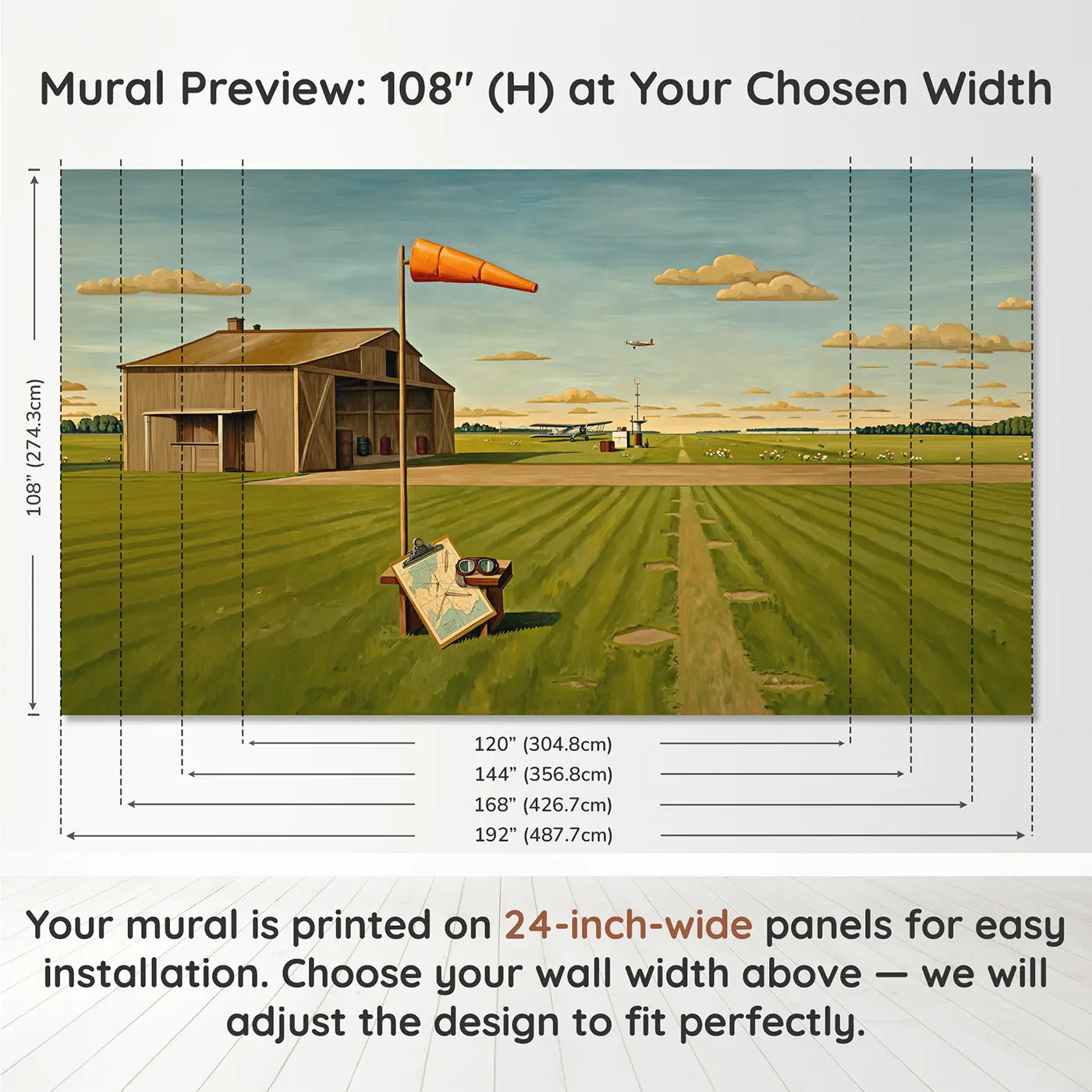 Panel layout and dimensions for Vintage Airfield Panorama Wallpaper Mural by Whimsy Tots