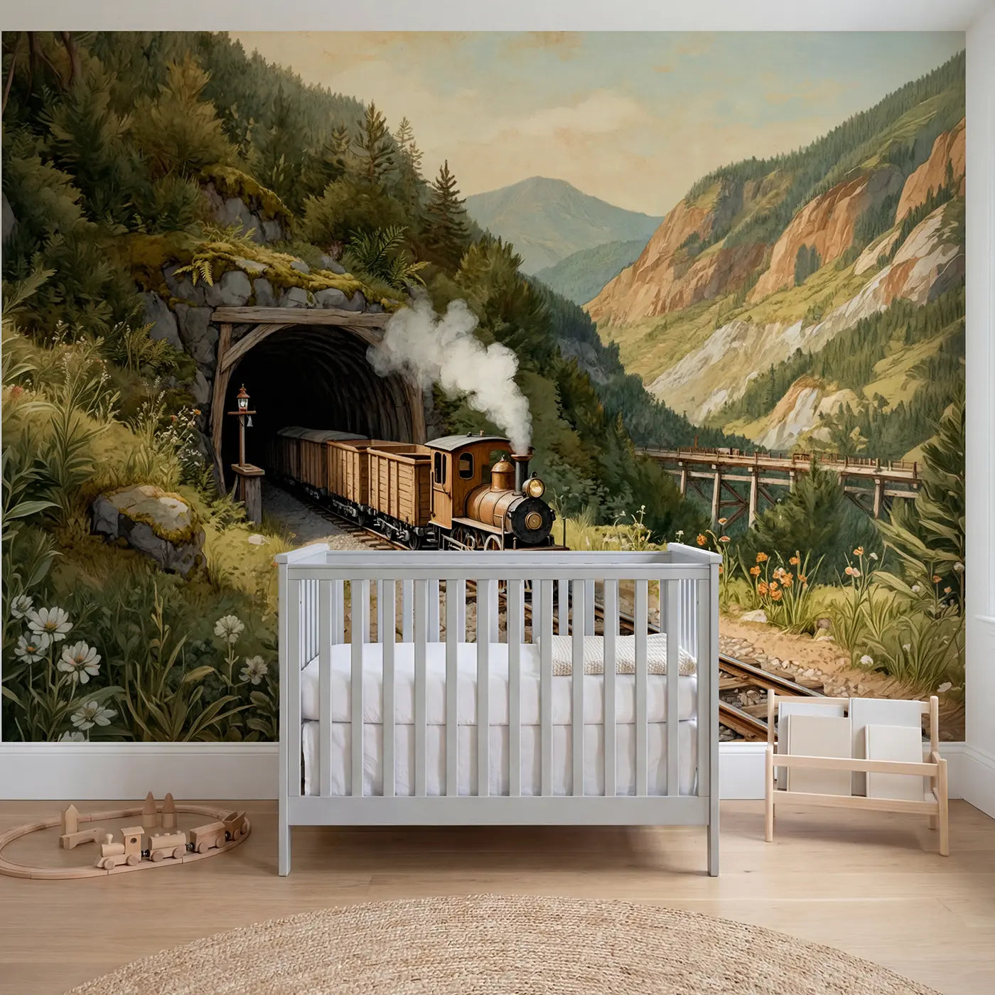 storybook mining train mountain tunnel daylight wallpaper mural for nursery by Whimsy Tots