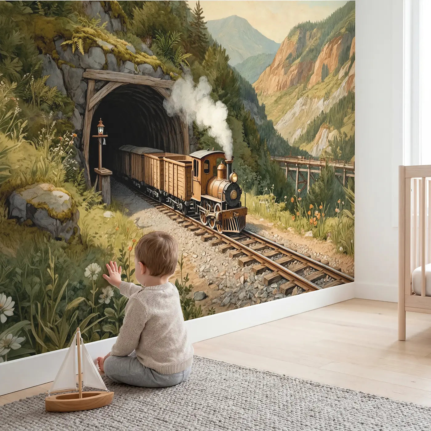 Child in nursery with Mining Train Mountain Tunnel Wallpaper Mural by Whimsy Tots