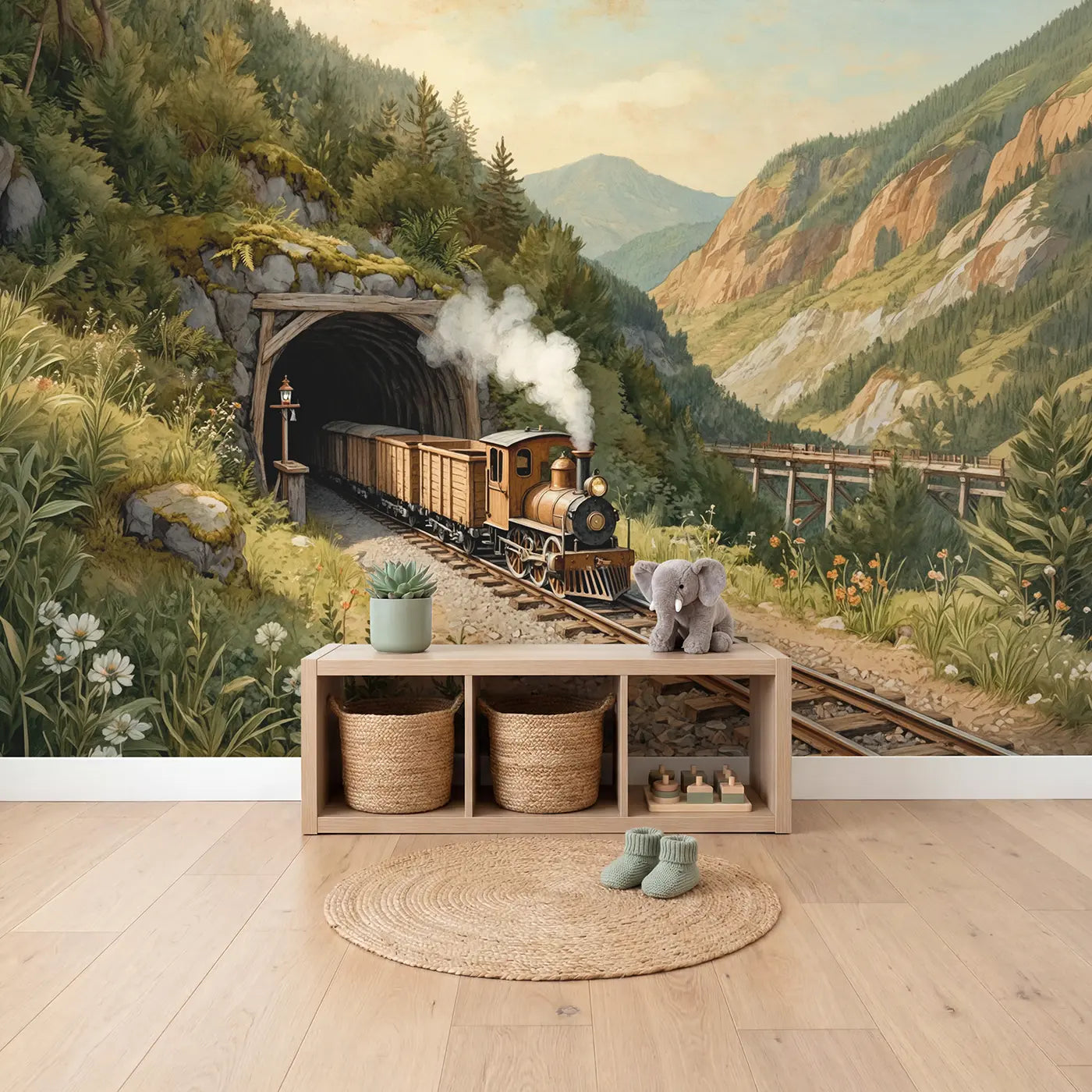 Mining Train Mountain Tunnel Wallpaper Mural in playroom setting by Whimsy Tots
