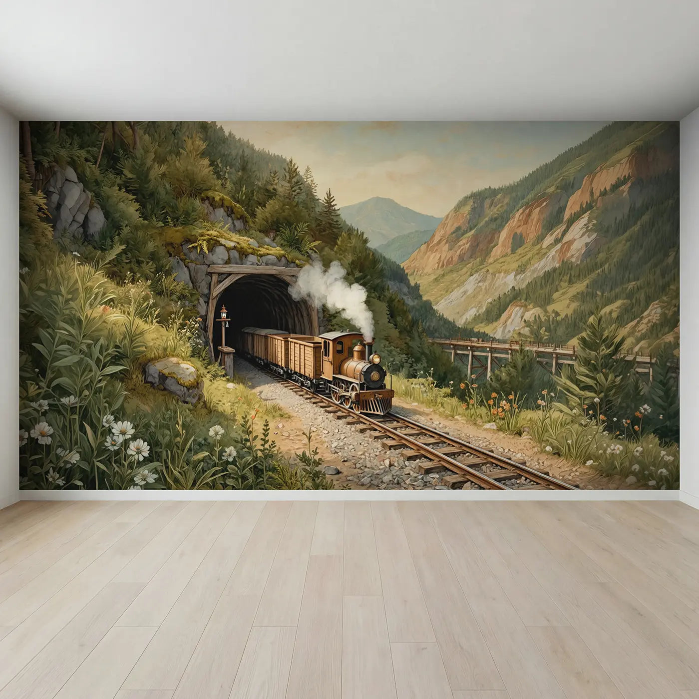 Full view of Mining Train Mountain Tunnel Wallpaper Mural by Whimsy Tots