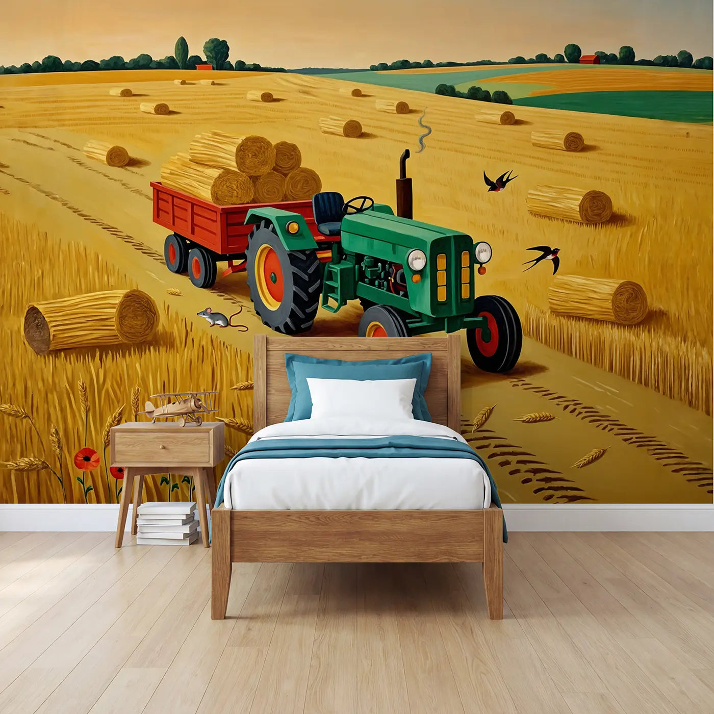 Modern Illustration harvest tractor golden field wallpaper mural for boys room by Whimsy Tots