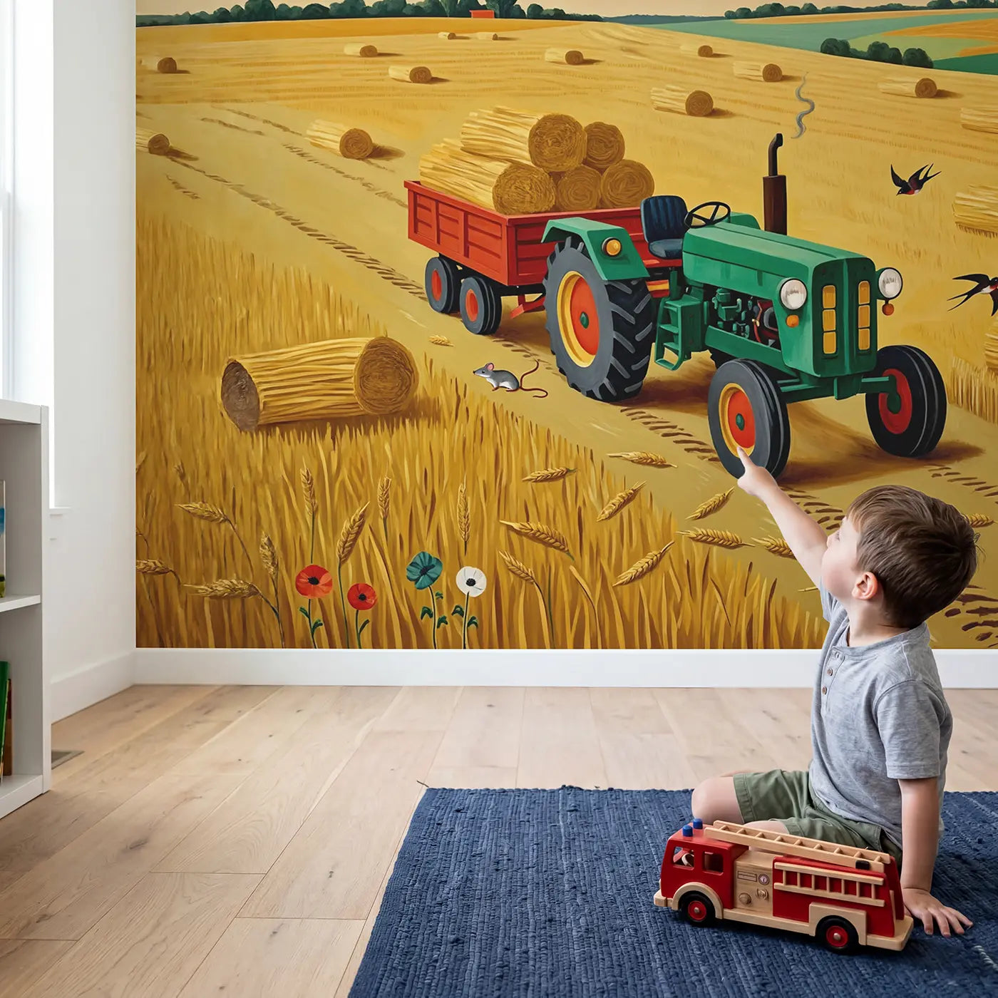 Child in nursery with Harvest Tractor Golden Field Wallpaper Mural by Whimsy Tots
