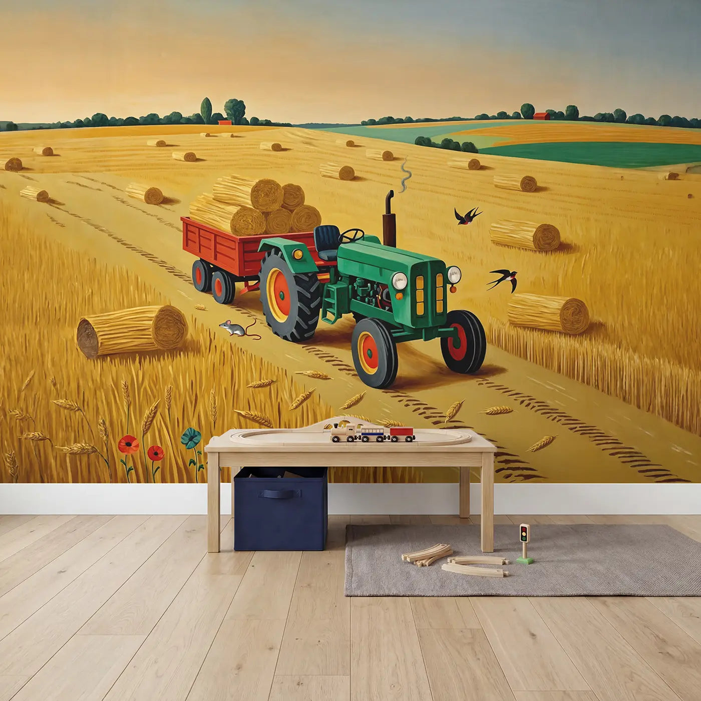 Harvest Tractor Golden Field Wallpaper Mural in playroom setting by Whimsy Tots