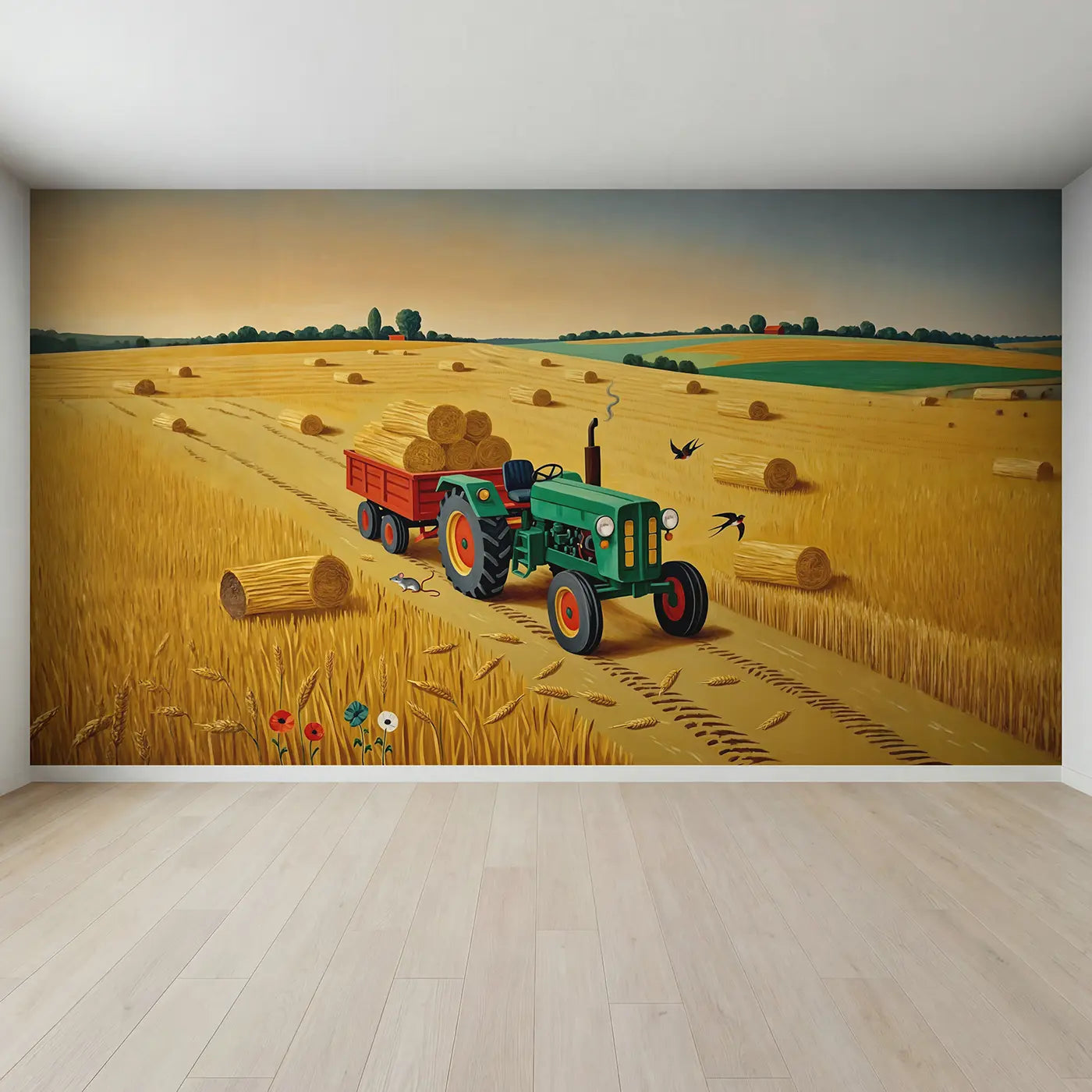 Full view of Harvest Tractor Golden Field Wallpaper Mural by Whimsy Tots
