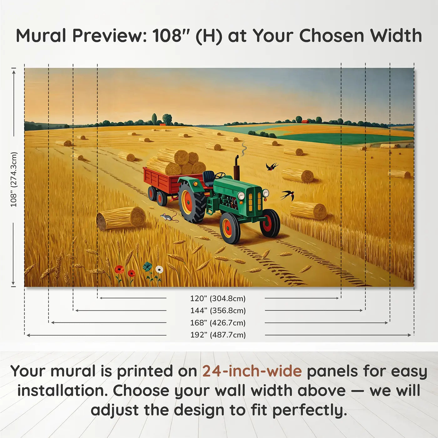 Panel layout and dimensions for Harvest Tractor Golden Field Wallpaper Mural by Whimsy Tots