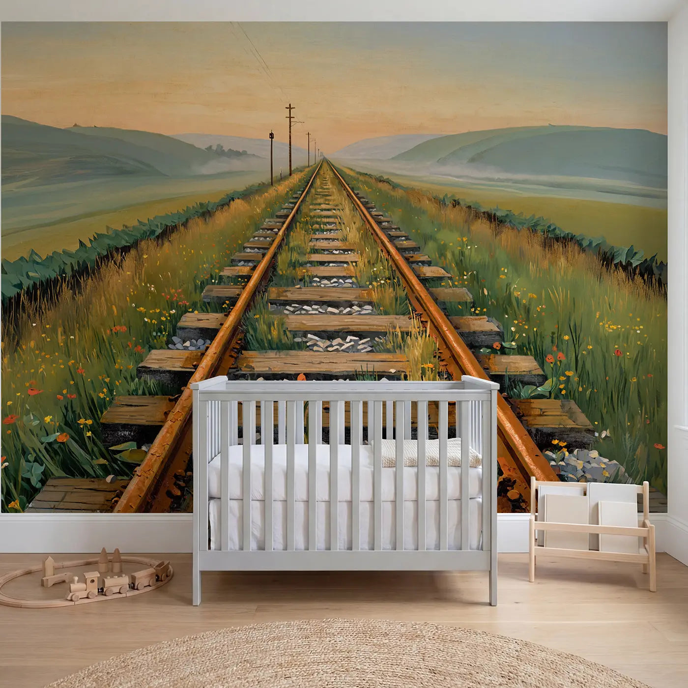 Modern Illustration railway track misty horizon wallpaper mural for kids room by Whimsy Tots