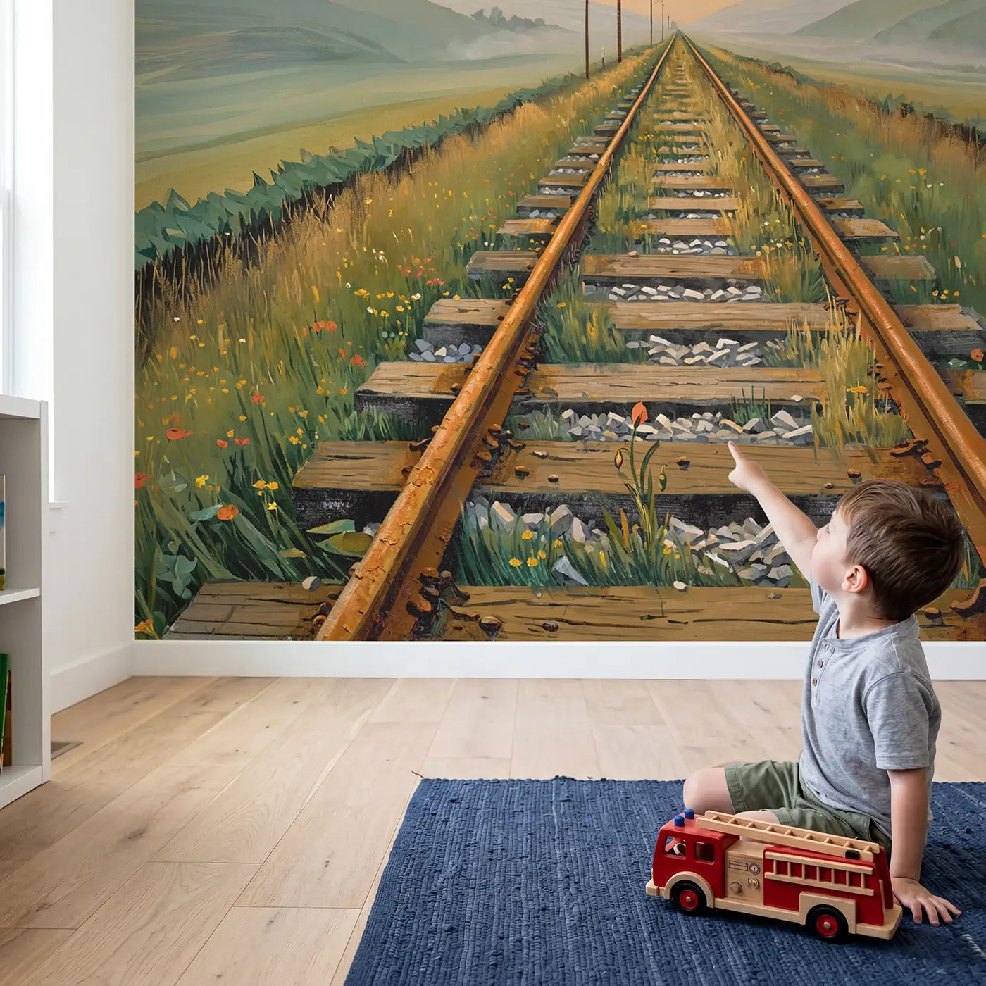 Child in nursery with Railway Track Misty Horizon Wallpaper Mural by Whimsy Tots