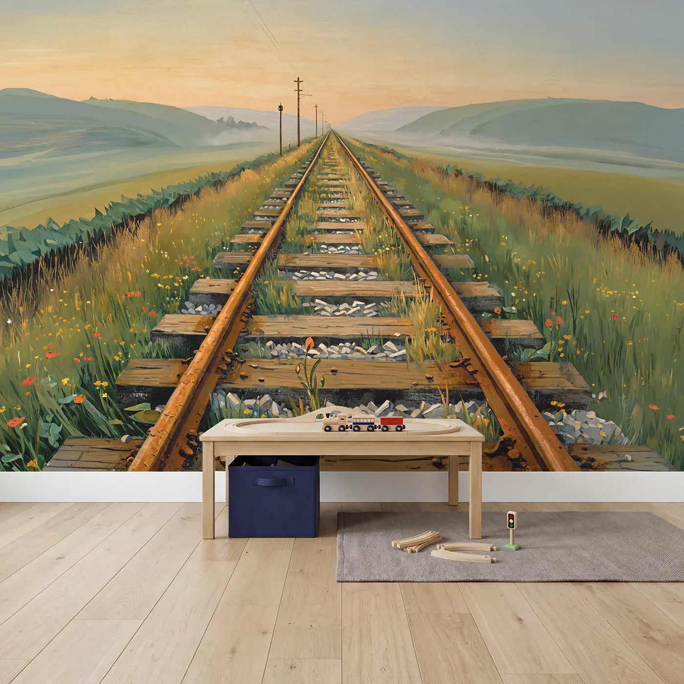 Railway Track Misty Horizon Wallpaper Mural in playroom setting by Whimsy Tots