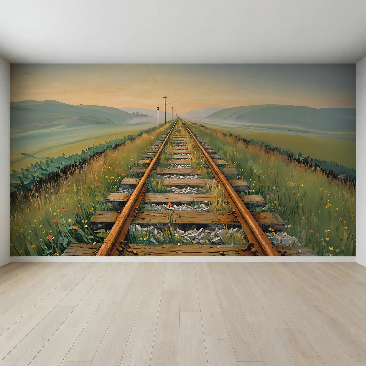 Full view of Railway Track Misty Horizon Wallpaper Mural by Whimsy Tots