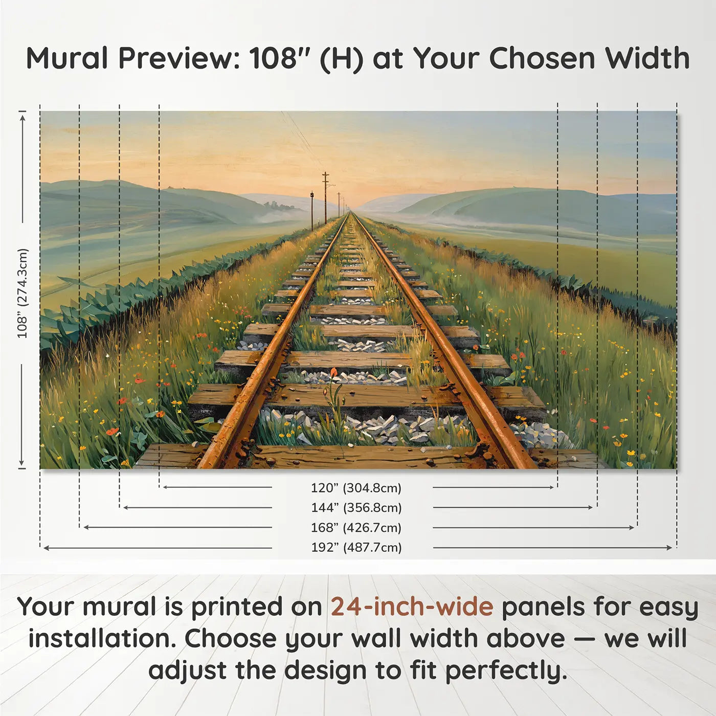 Panel layout and dimensions for Railway Track Misty Horizon Wallpaper Mural by Whimsy Tots