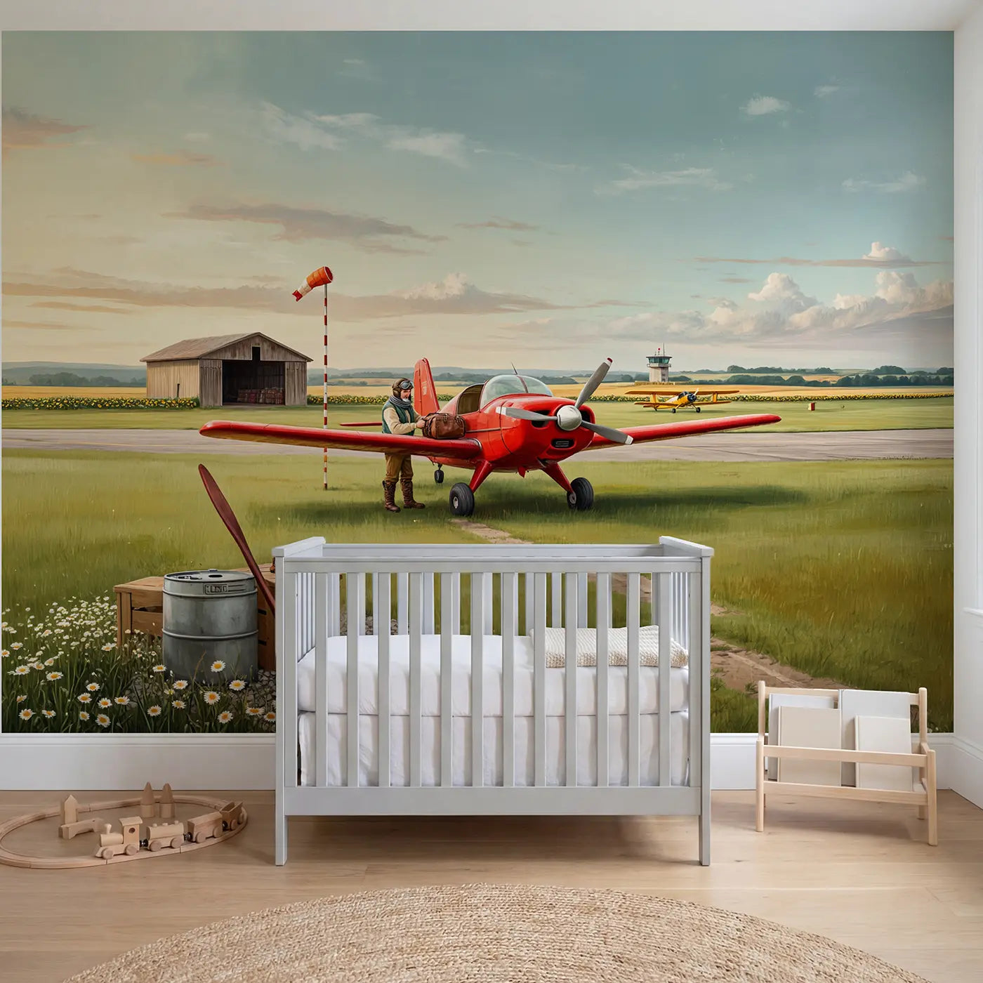 soft pastel propeller plane airfield vintage wallpaper mural for boys room by Whimsy Tots