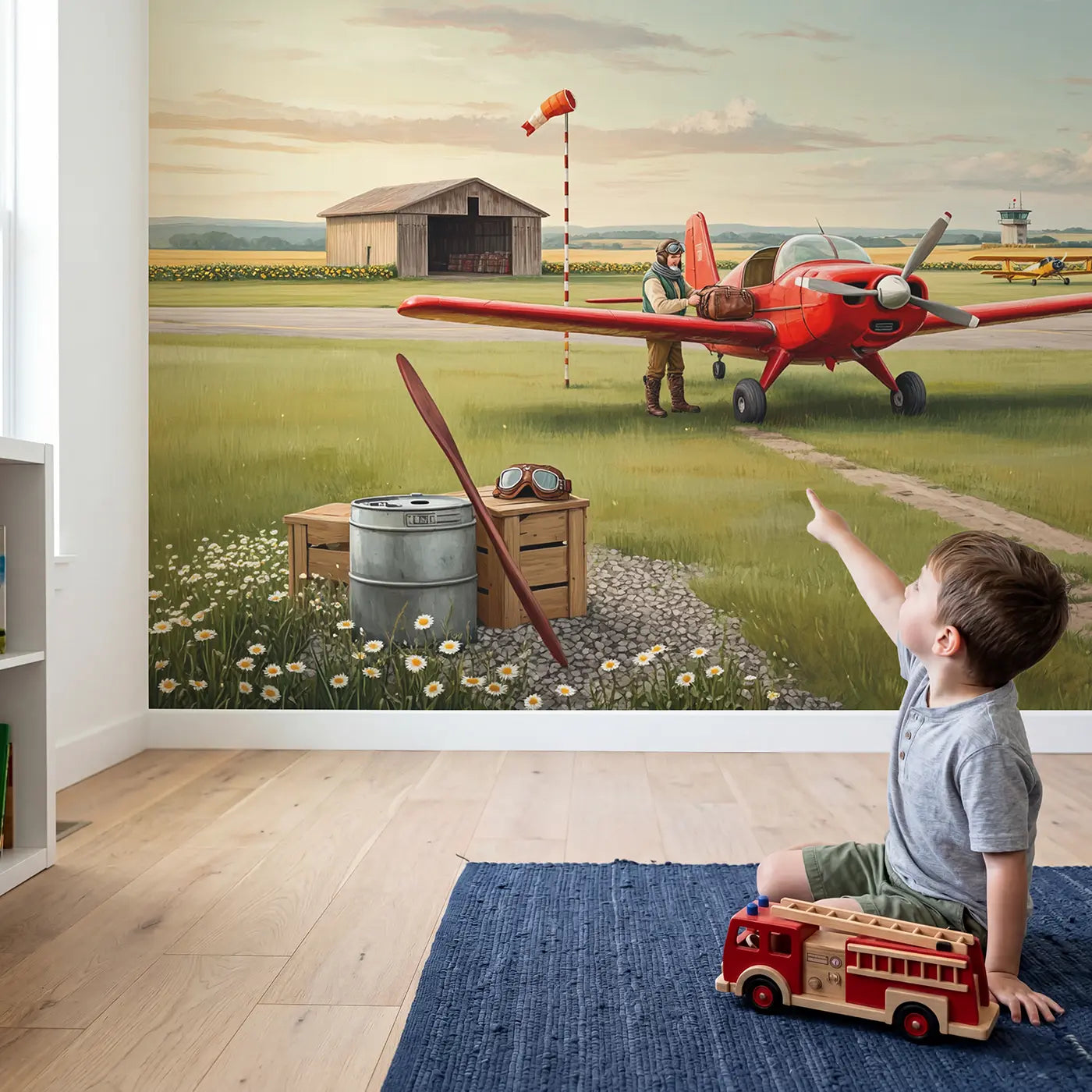 Child in nursery with Propeller Plane at Airfield Wallpaper Mural by Whimsy Tots