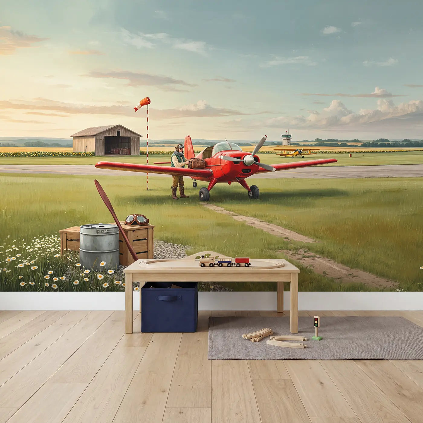Propeller Plane at Airfield Wallpaper Mural in playroom setting by Whimsy Tots