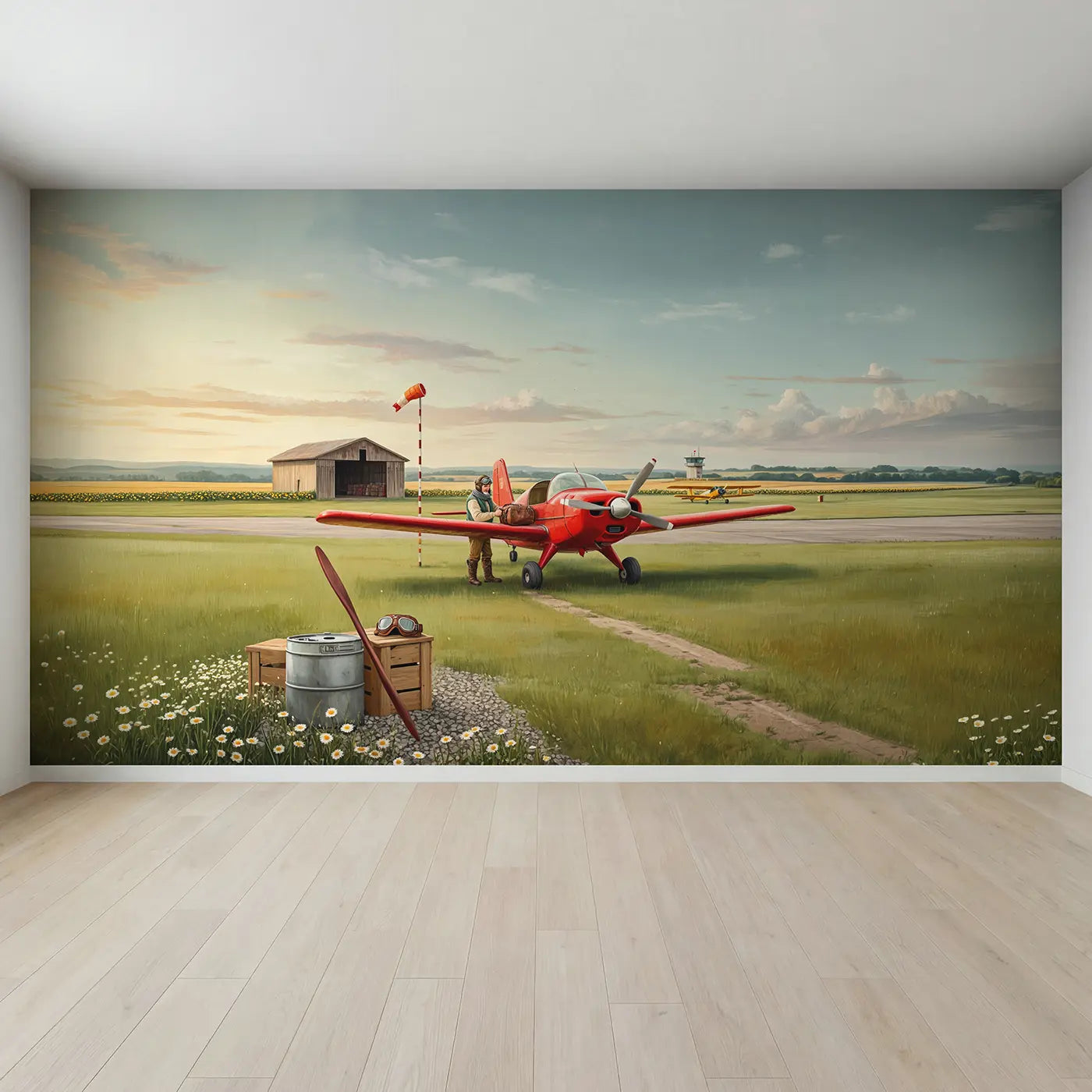 Full view of Propeller Plane at Airfield Wallpaper Mural by Whimsy Tots