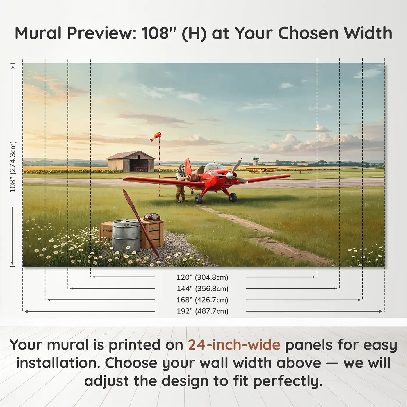 Panel layout and dimensions for Propeller Plane at Airfield Wallpaper Mural by Whimsy Tots