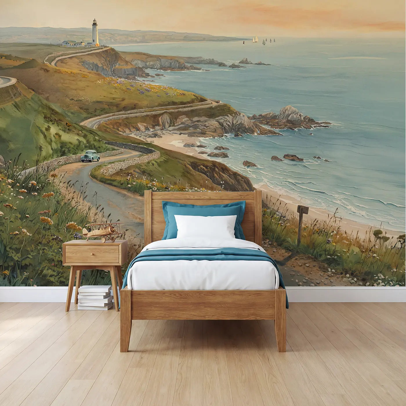 watercolor coastal clifftop road ocean wallpaper mural for boys room by Whimsy Tots