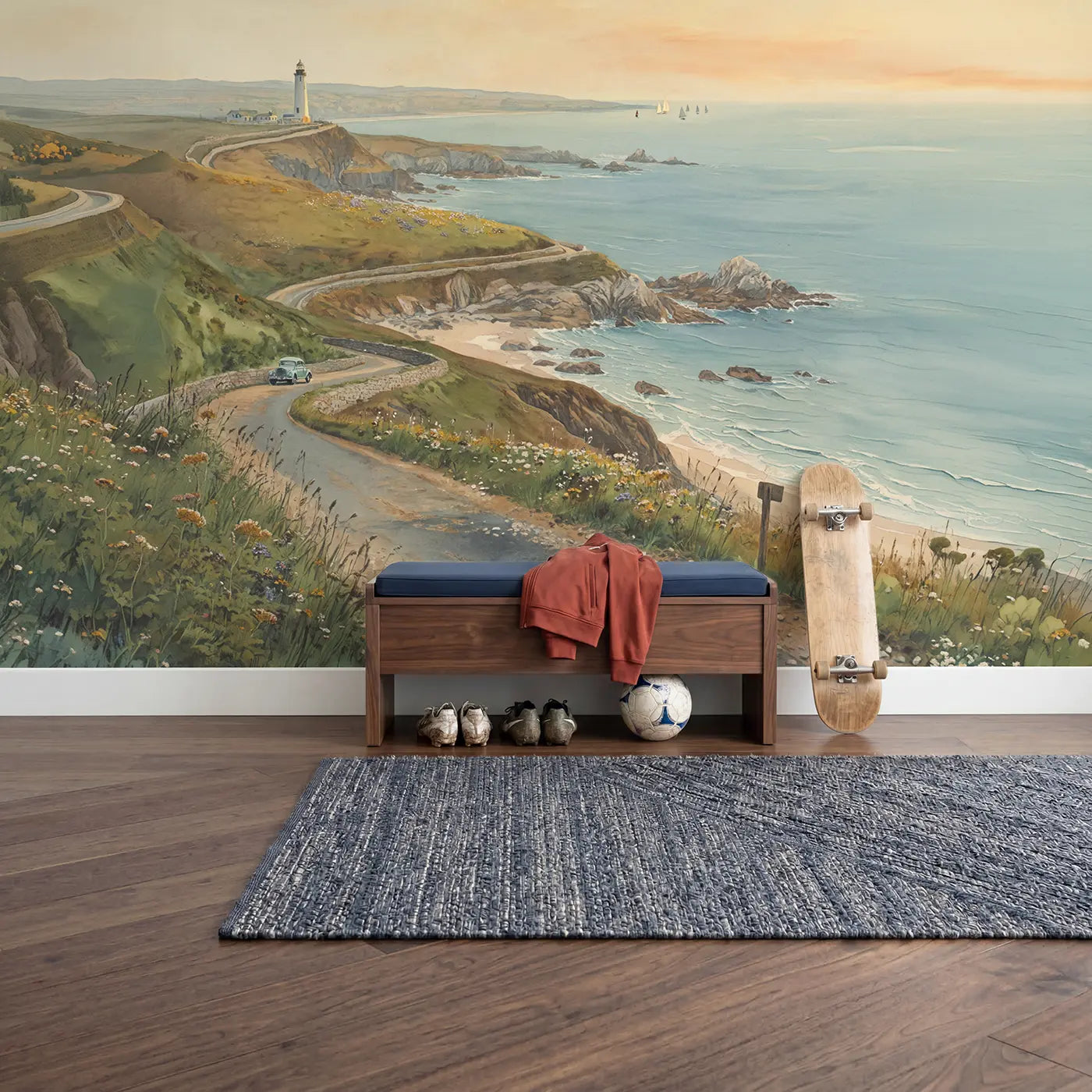 Coastal Clifftop Road Wallpaper Mural in playroom setting by Whimsy Tots