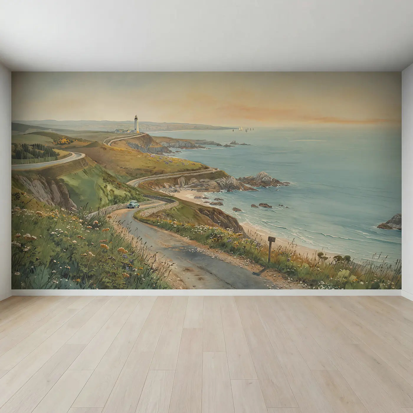 Full view of Coastal Clifftop Road Wallpaper Mural by Whimsy Tots